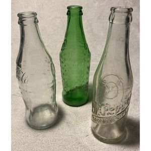 Lot of 3 Vintage Glass Bottles Dr Pepper Coke and Sprite Green Raised Hobnail